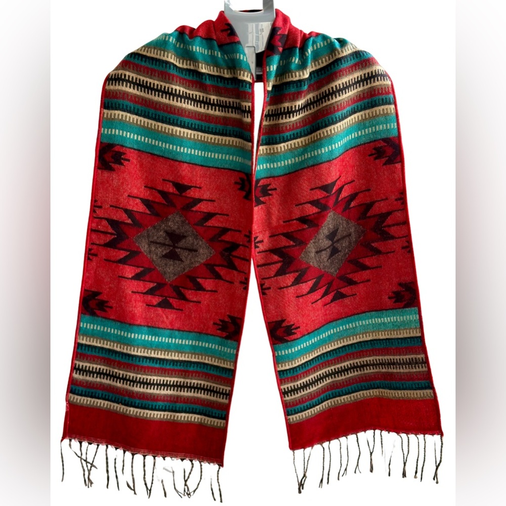 El Paso Saddleblanket Scarf Red Southwest Aztec Fringe 72”